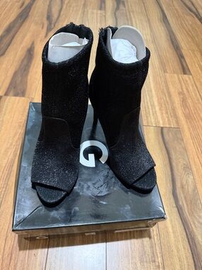 Guess Black Glitter Peep-Toe Mid-Calf Heeled Booties
